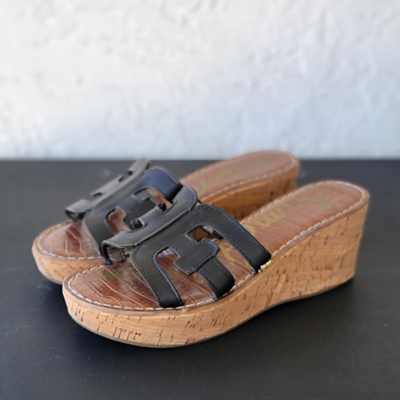 SAM EDELMAN Black Regis Leather Platform Wedge Open Toe Sandals 8.5 Boho Retro - Picture 1 of 8